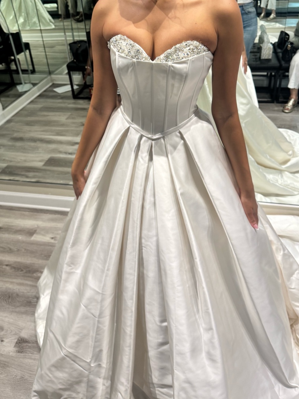 Off-Shoulder Satin Ball Gown Dress in Ivory